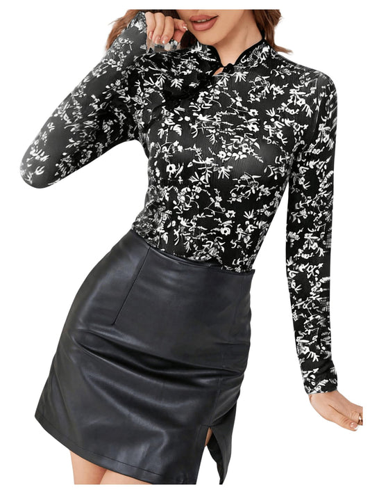 MakeMeChic Women's Floral Print Ribbed Knit Cheongsam Top Mock Neck Long Sleeve Tee Shirts